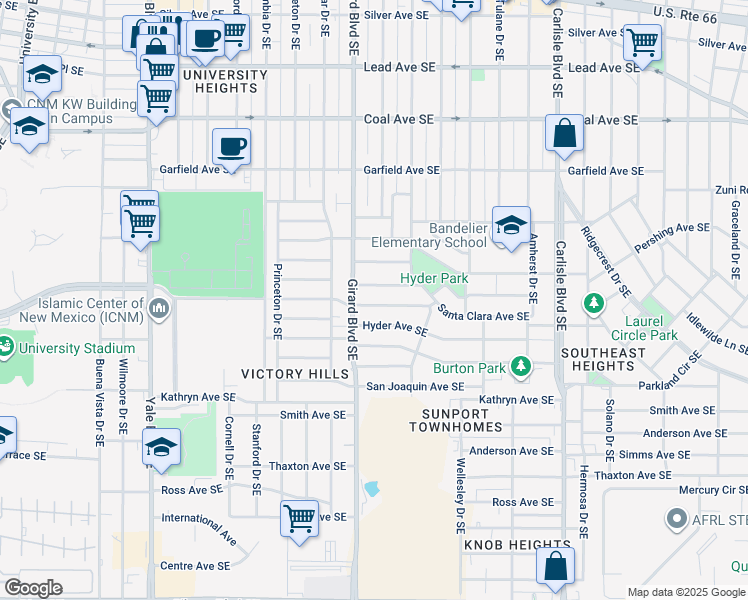 map of restaurants, bars, coffee shops, grocery stores, and more near 2917 Santa Clara Avenue Southeast in Albuquerque