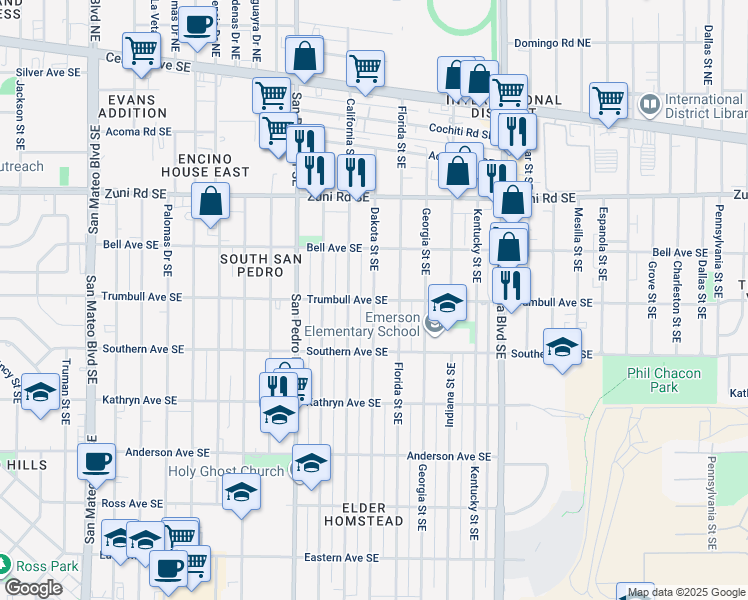 map of restaurants, bars, coffee shops, grocery stores, and more near Trumbull Avenue Southeast in Albuquerque