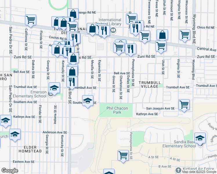 map of restaurants, bars, coffee shops, grocery stores, and more near 608 San Pablo Street Southeast in Albuquerque