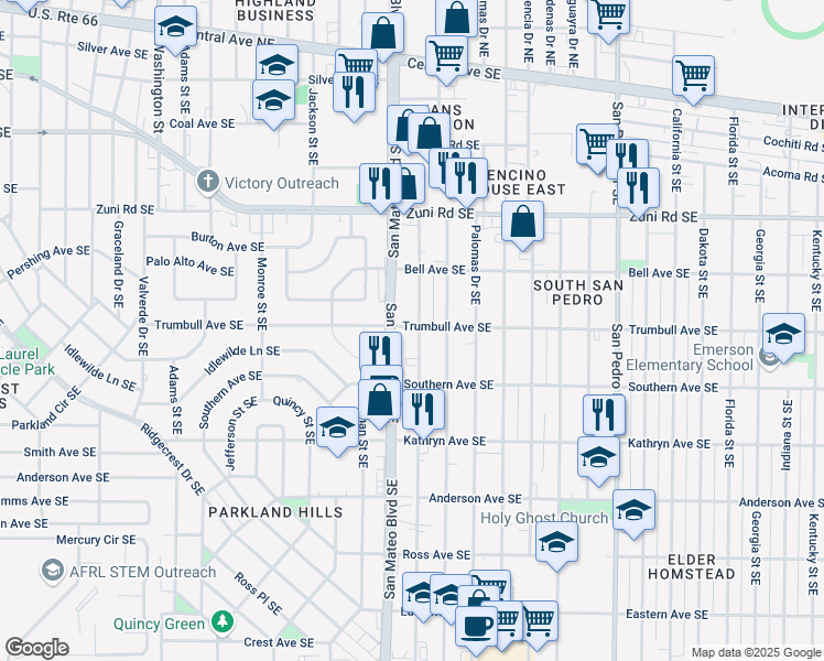 map of restaurants, bars, coffee shops, grocery stores, and more near 813 Ortiz Drive Southeast in Albuquerque