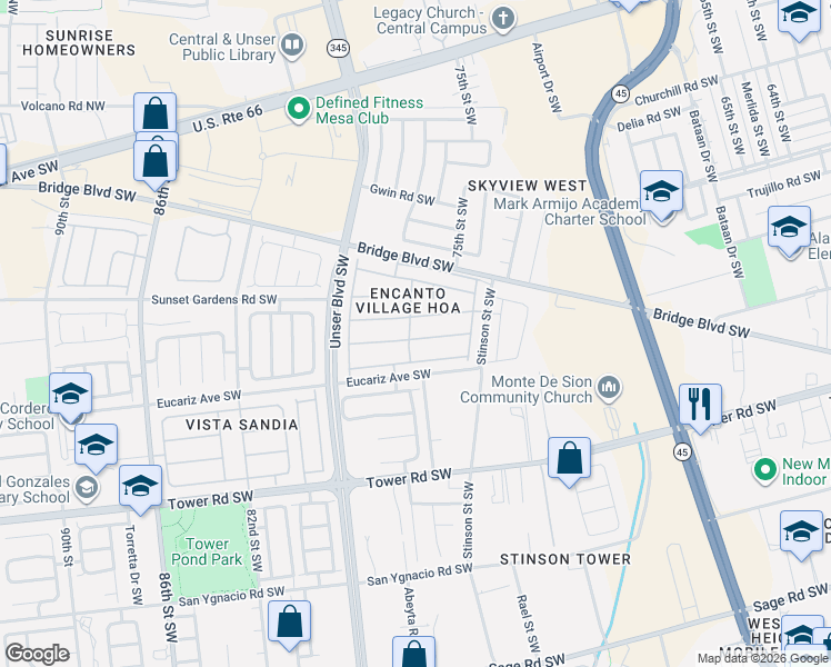 map of restaurants, bars, coffee shops, grocery stores, and more near 7509 Via Cometa Southwest in Albuquerque