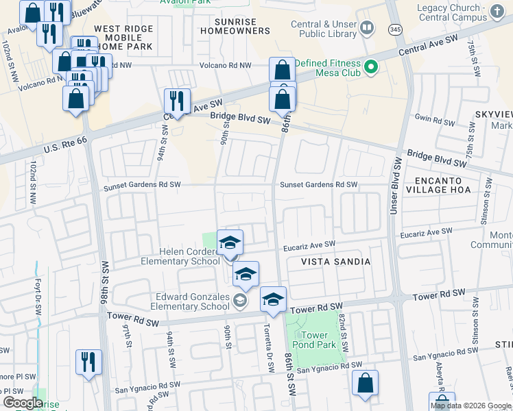 map of restaurants, bars, coffee shops, grocery stores, and more near 8827 Dakota Ridge Road Southwest in Albuquerque