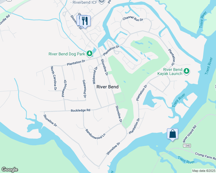 map of restaurants, bars, coffee shops, grocery stores, and more near 85 Shoreline Drive in New Bern