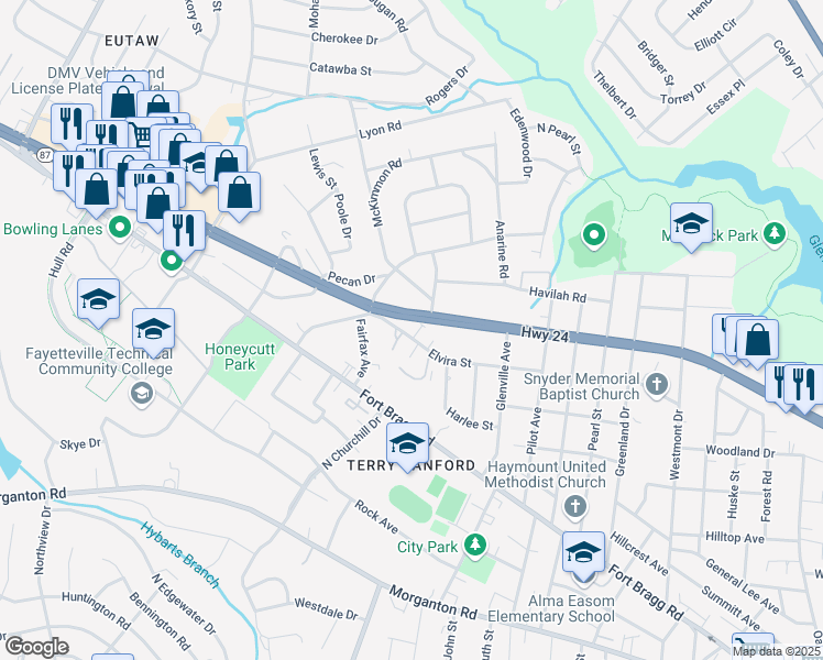 map of restaurants, bars, coffee shops, grocery stores, and more near 1307 Bright Court in Fayetteville