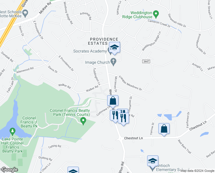 map of restaurants, bars, coffee shops, grocery stores, and more near 2604 Aldergrove Road in Matthews