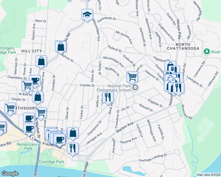 map of restaurants, bars, coffee shops, grocery stores, and more near 671 Tremont Place in Chattanooga