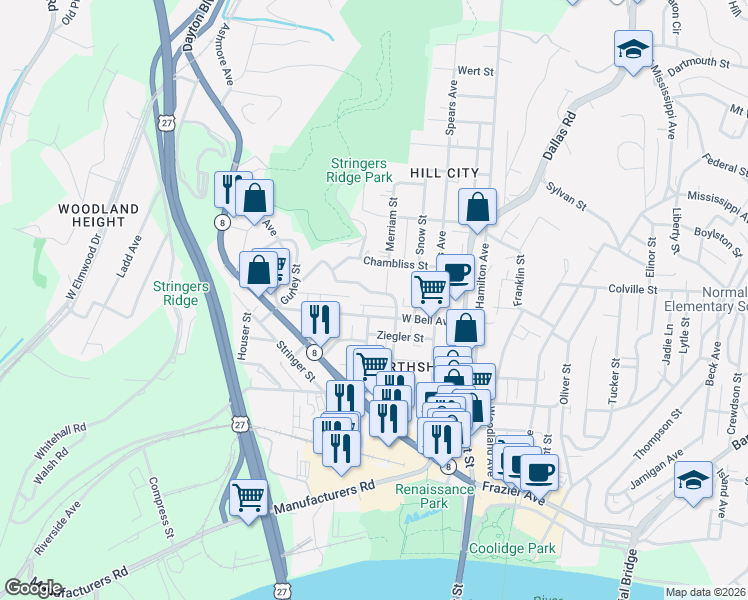 map of restaurants, bars, coffee shops, grocery stores, and more near 315 West Bell Avenue in Chattanooga