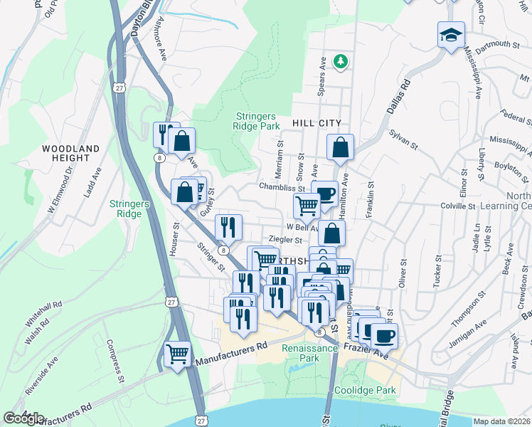 map of restaurants, bars, coffee shops, grocery stores, and more near 315 West Bell Avenue in Chattanooga