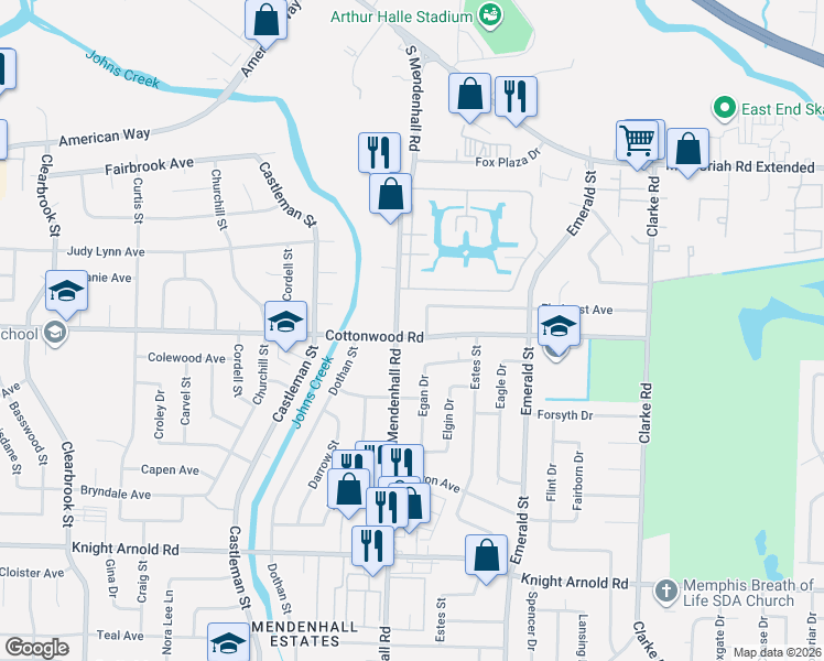 map of restaurants, bars, coffee shops, grocery stores, and more near 5367 Cottonwood Road in Memphis