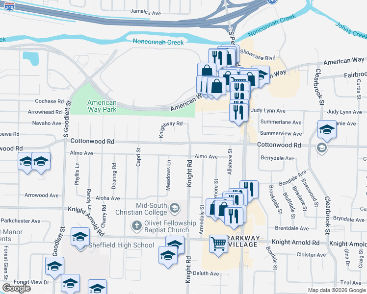 map of restaurants, bars, coffee shops, grocery stores, and more near 4559 Almo Avenue in Memphis