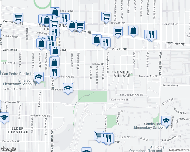 map of restaurants, bars, coffee shops, grocery stores, and more near 453 Charleston Street Southeast in Albuquerque