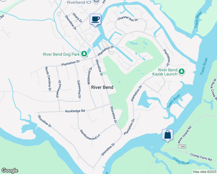 map of restaurants, bars, coffee shops, grocery stores, and more near 86 Shoreline Drive in New Bern