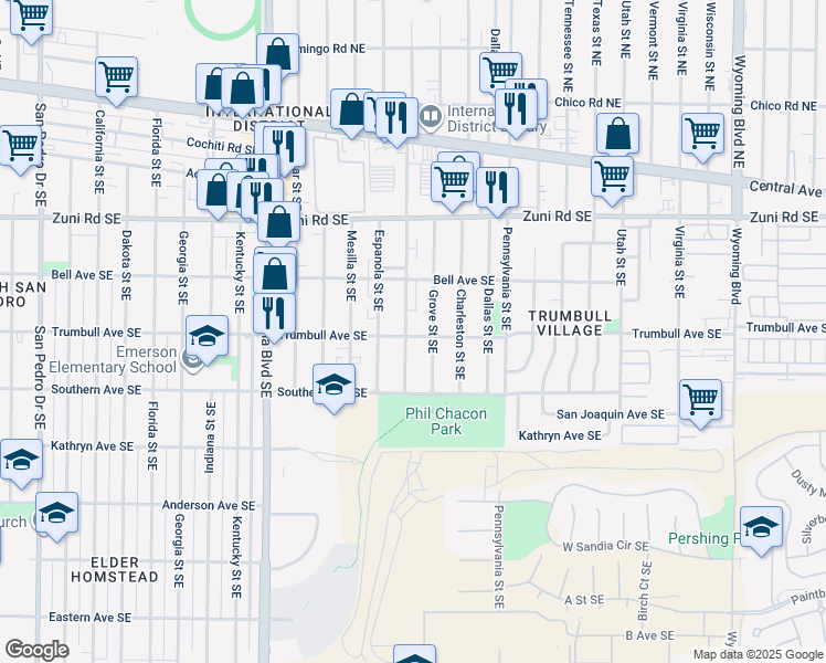 map of restaurants, bars, coffee shops, grocery stores, and more near 544 San Pablo Street Southeast in Albuquerque