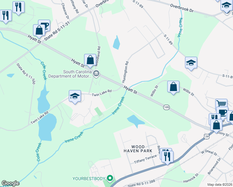 map of restaurants, bars, coffee shops, grocery stores, and more near 2 Twin Lake Road in Gaffney