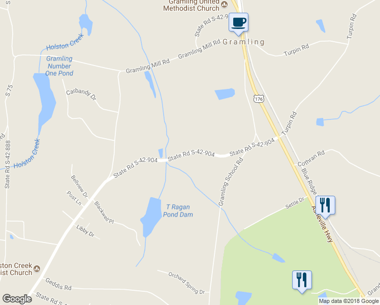 map of restaurants, bars, coffee shops, grocery stores, and more near 325 State Road S-42-904 in Inman