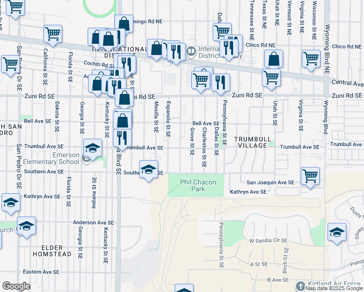 map of restaurants, bars, coffee shops, grocery stores, and more near 544 San Pablo Street Southeast in Albuquerque