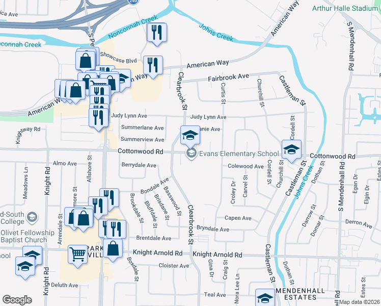map of restaurants, bars, coffee shops, grocery stores, and more near 4949 Cottonwood Road in Memphis