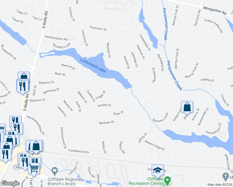 map of restaurants, bars, coffee shops, grocery stores, and more near 7262 Ryan Street in Fayetteville