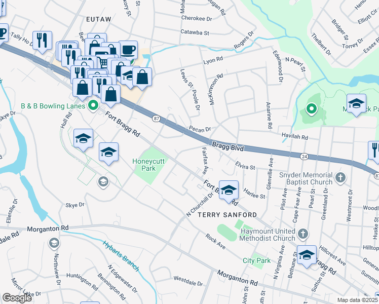 map of restaurants, bars, coffee shops, grocery stores, and more near 415 Fairfax Avenue in Fayetteville