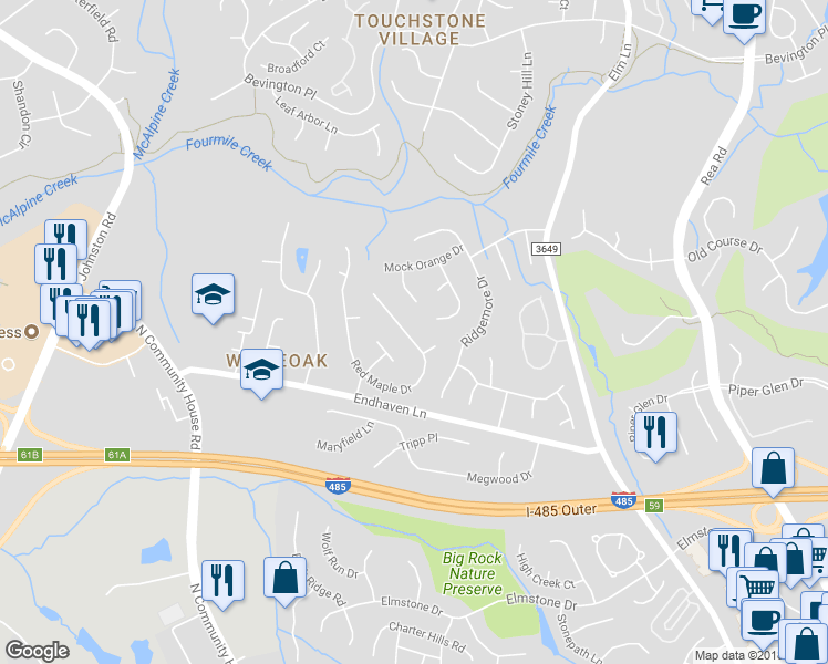 map of restaurants, bars, coffee shops, grocery stores, and more near 6417 Red Maple Drive in Charlotte