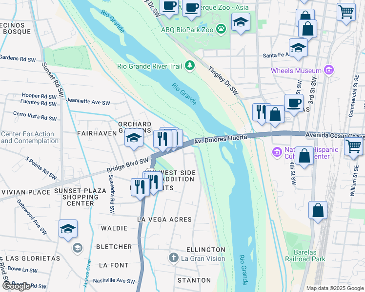 map of restaurants, bars, coffee shops, grocery stores, and more near Bridge Blvd SW & La Vega Dr SW in Albuquerque