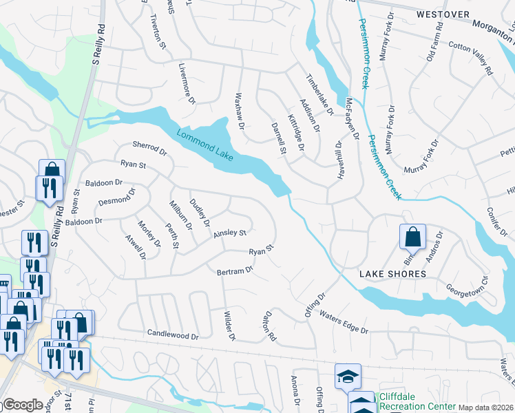 map of restaurants, bars, coffee shops, grocery stores, and more near 7256 Ainsley Street in Fayetteville