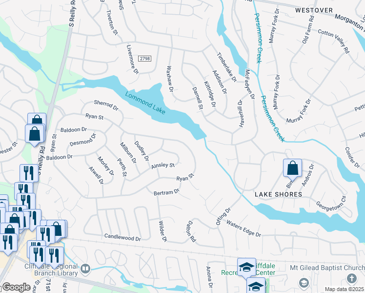 map of restaurants, bars, coffee shops, grocery stores, and more near 7262 Ryan Street in Fayetteville