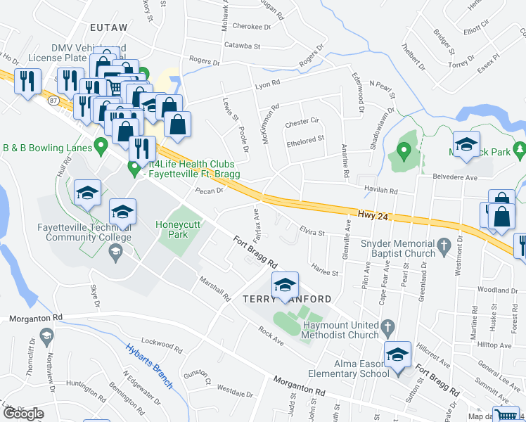 map of restaurants, bars, coffee shops, grocery stores, and more near 420 Fairfax Avenue in Fayetteville