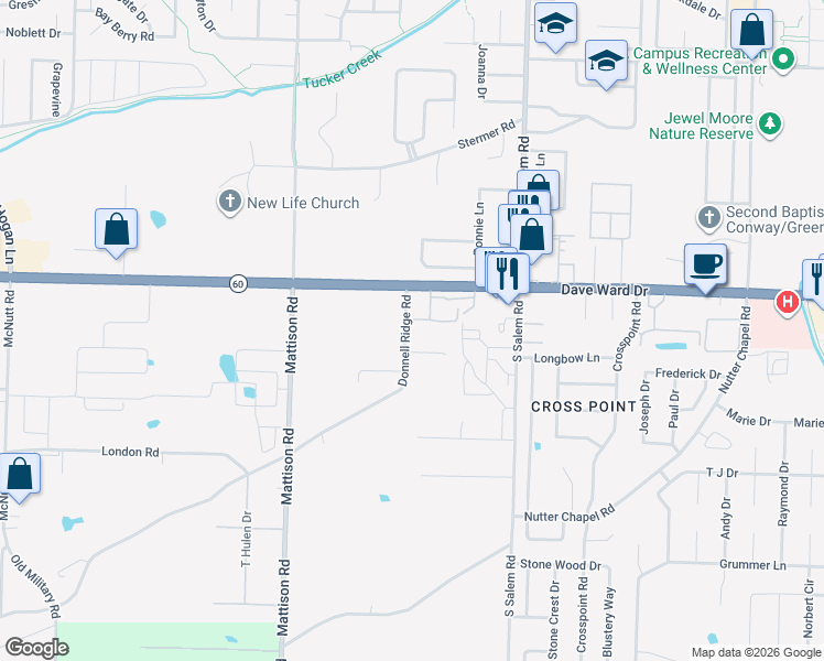 map of restaurants, bars, coffee shops, grocery stores, and more near 3090 Napa Valley Drive in Conway