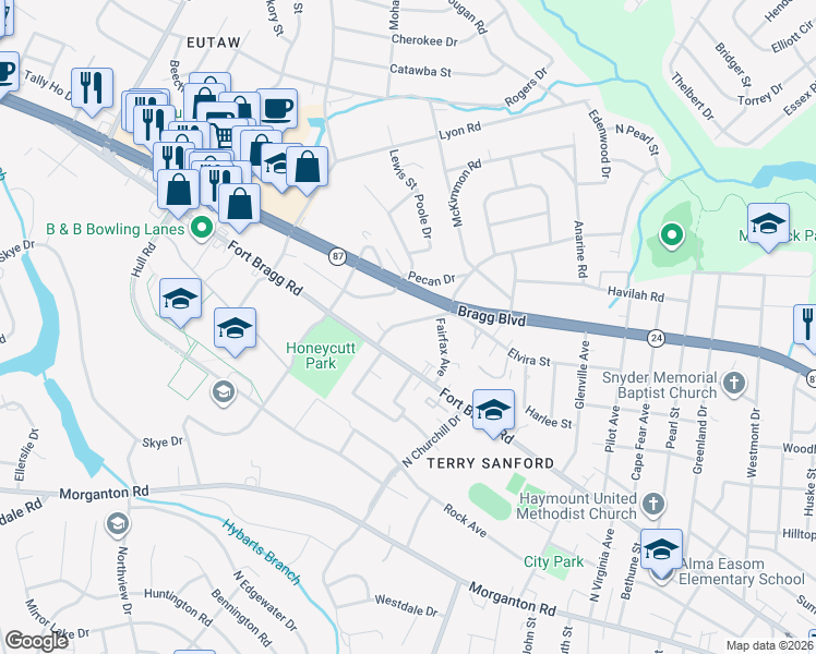map of restaurants, bars, coffee shops, grocery stores, and more near 415 Fairfax Avenue in Fayetteville