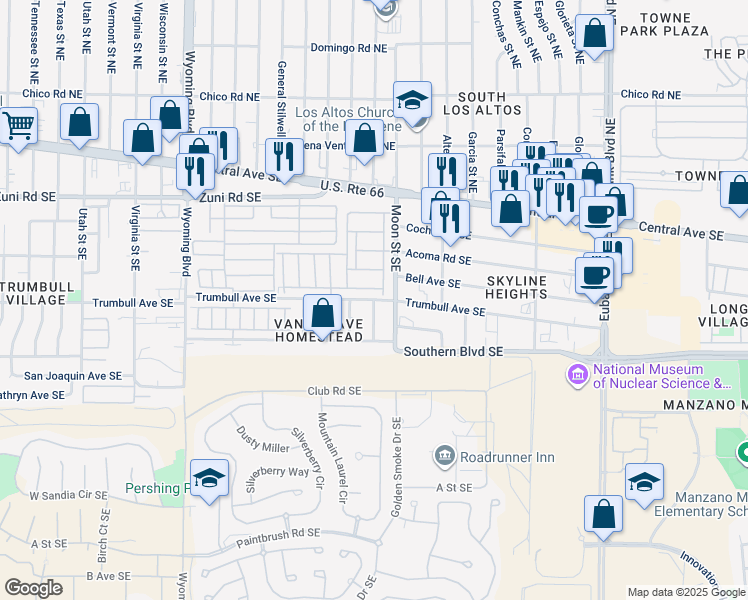 map of restaurants, bars, coffee shops, grocery stores, and more near 420 General Somervell Street Southeast in Albuquerque