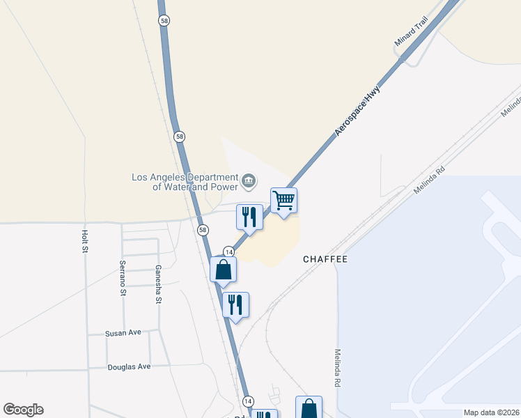 map of restaurants, bars, coffee shops, grocery stores, and more near 2 Arroyo Avenue in Mojave