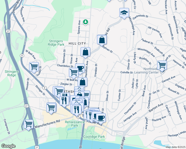 map of restaurants, bars, coffee shops, grocery stores, and more near 539 Woodland Avenue in Chattanooga