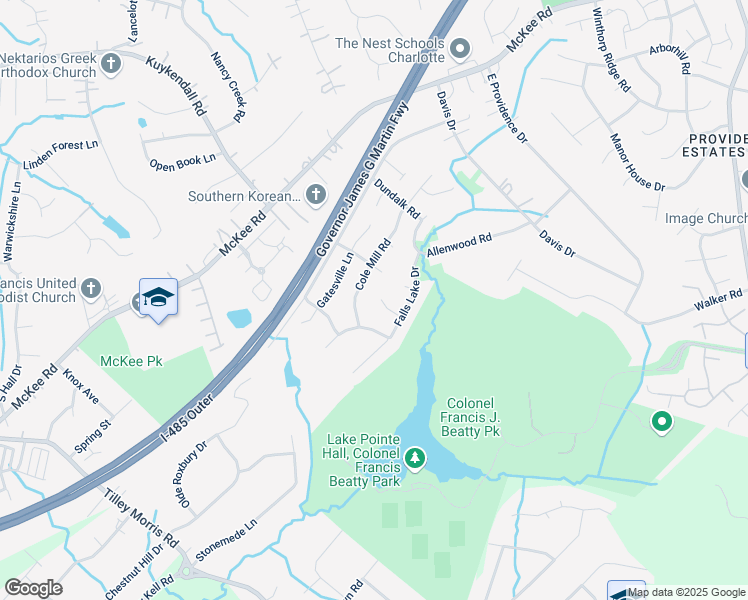 map of restaurants, bars, coffee shops, grocery stores, and more near 4006 Raven Rock Court in Charlotte