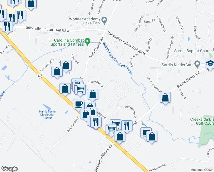 map of restaurants, bars, coffee shops, grocery stores, and more near 1102 Trego Lane in Indian Trail