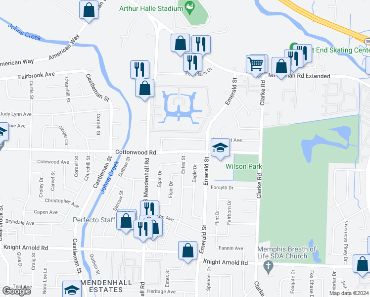 map of restaurants, bars, coffee shops, grocery stores, and more near 5436 Cottonwood Road in Memphis