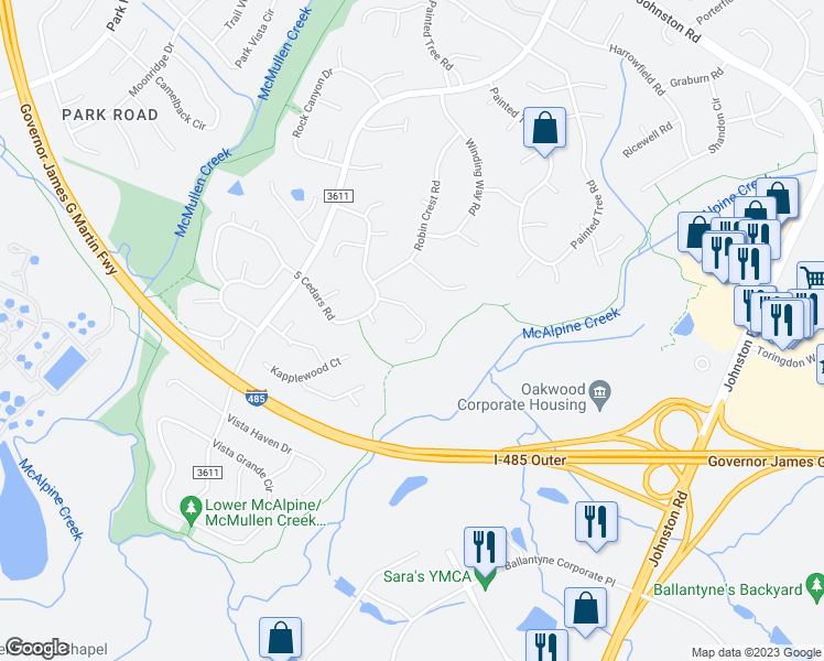 map of restaurants, bars, coffee shops, grocery stores, and more near 11330 Smoke Tree Lane in Charlotte