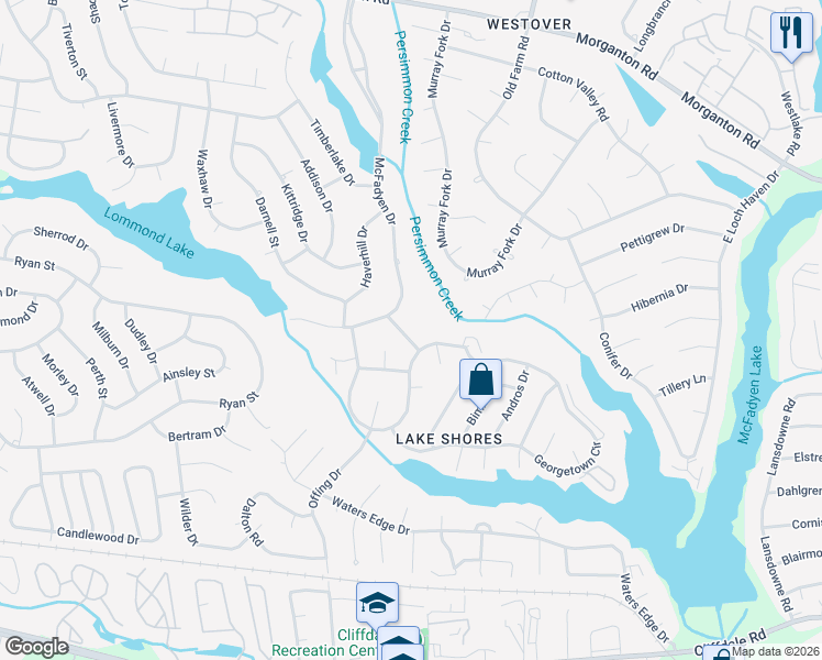 map of restaurants, bars, coffee shops, grocery stores, and more near 5706 Nassau Drive in Fayetteville