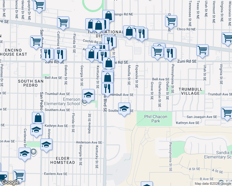 map of restaurants, bars, coffee shops, grocery stores, and more near 608 Alcazar Street Southeast in Albuquerque