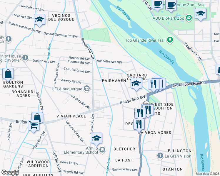map of restaurants, bars, coffee shops, grocery stores, and more near 1369 Young Avenue Southwest in Albuquerque