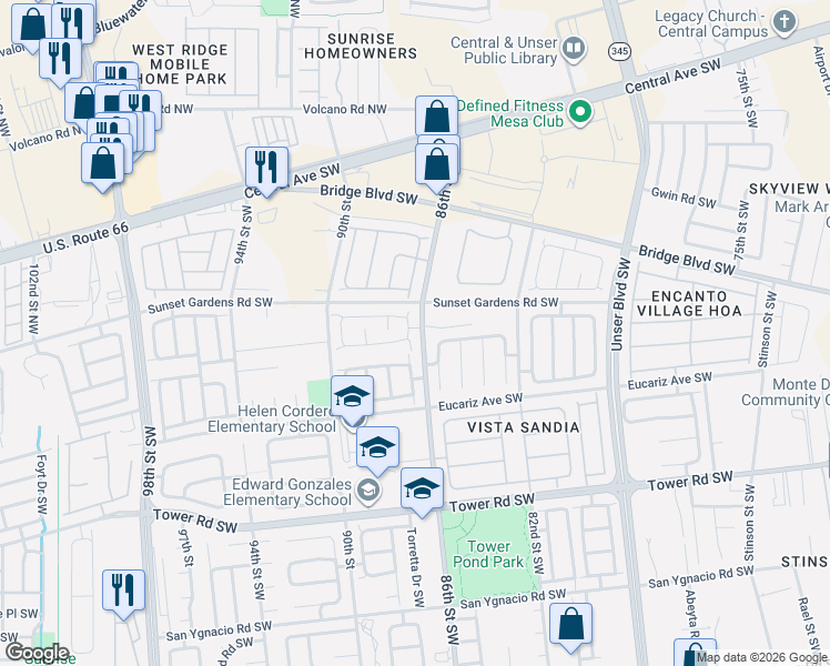 map of restaurants, bars, coffee shops, grocery stores, and more near 504 Desert Maize Drive Southwest in Albuquerque
