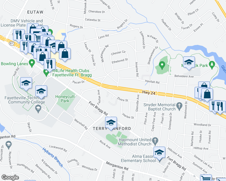 map of restaurants, bars, coffee shops, grocery stores, and more near 1307 Bright Court in Fayetteville