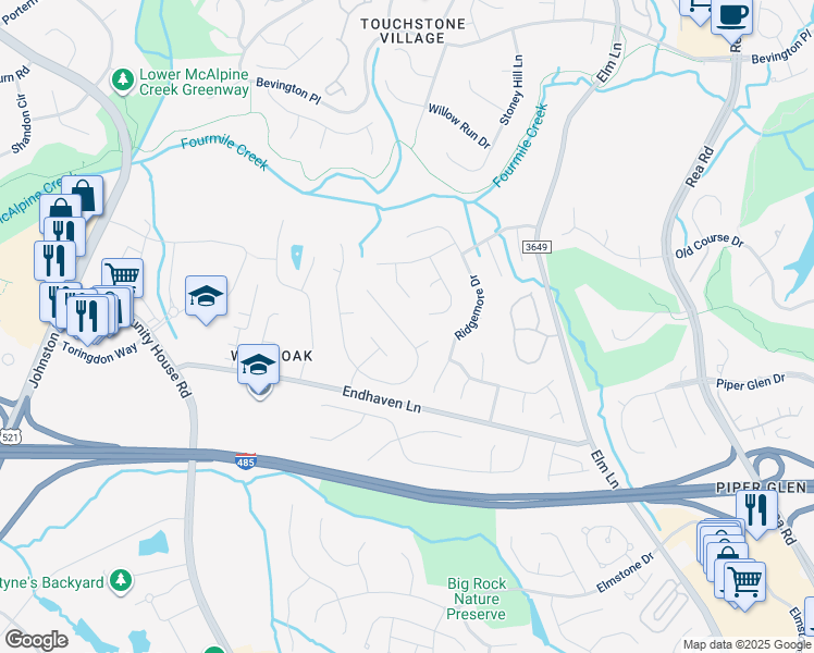 map of restaurants, bars, coffee shops, grocery stores, and more near 6417 Red Maple Drive in Charlotte