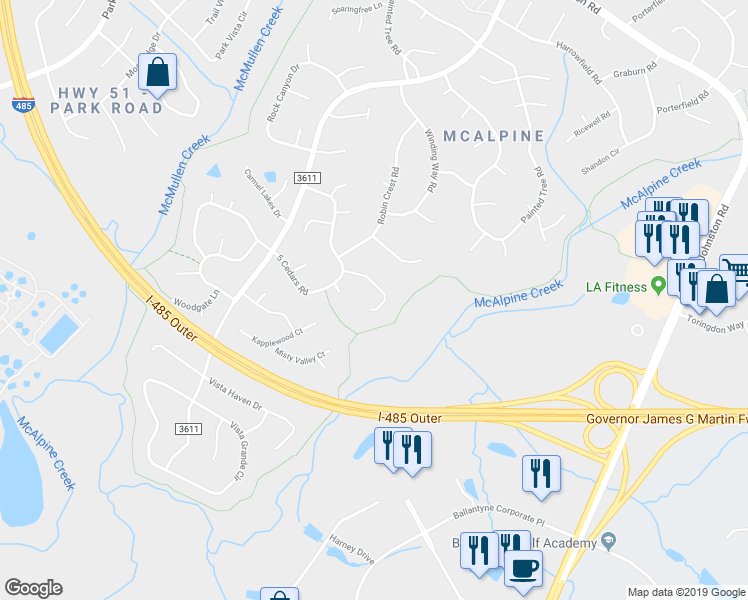 map of restaurants, bars, coffee shops, grocery stores, and more near 11327 Smoke Tree Lane in Charlotte