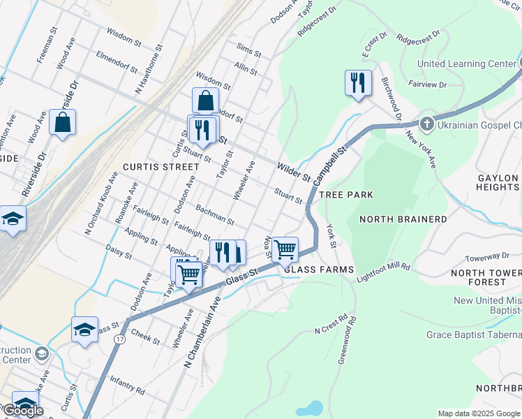 map of restaurants, bars, coffee shops, grocery stores, and more near 2800 North Chamberlain Avenue in Chattanooga