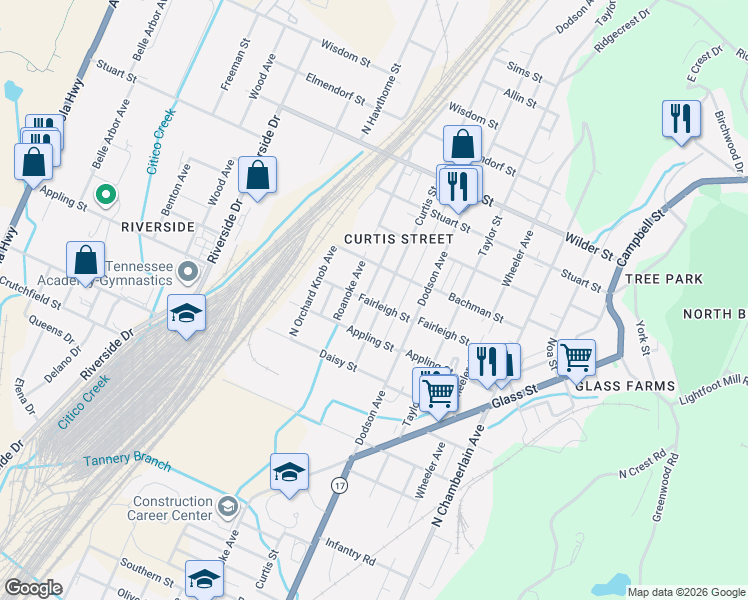 map of restaurants, bars, coffee shops, grocery stores, and more near 2605 Curtis Street in Chattanooga