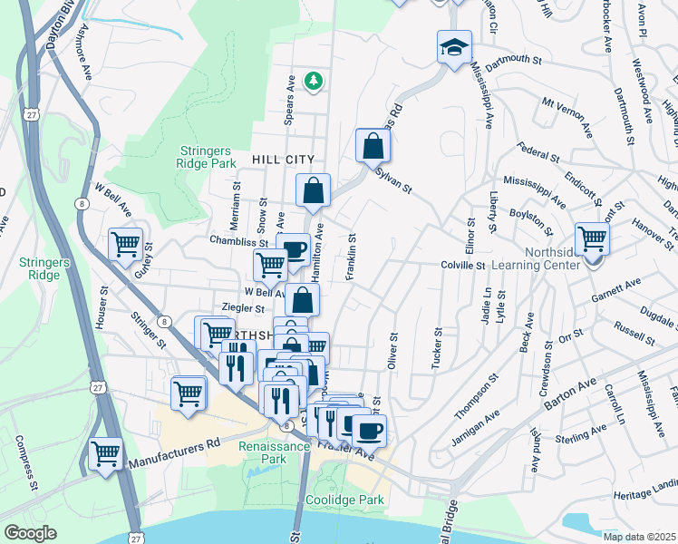map of restaurants, bars, coffee shops, grocery stores, and more near 539 Woodland Avenue in Chattanooga