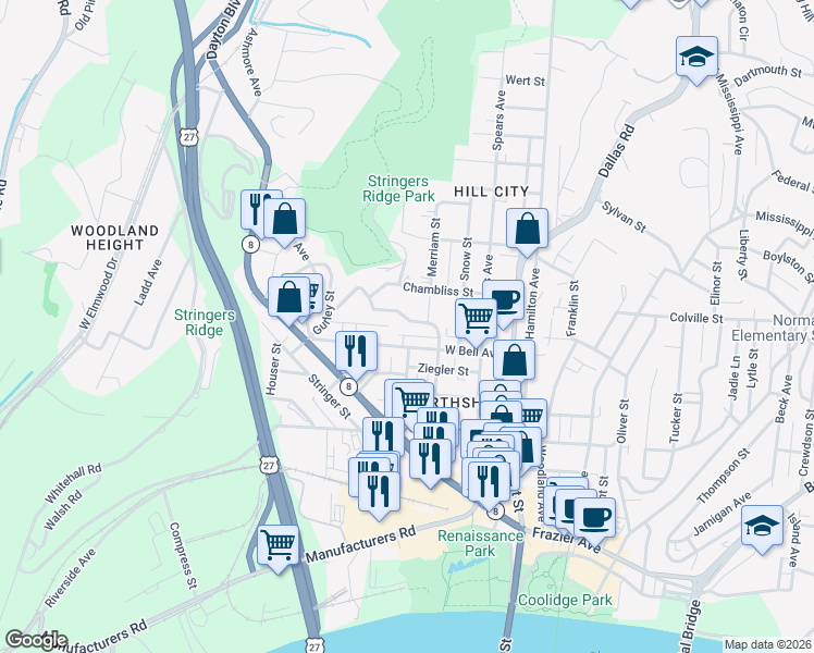 map of restaurants, bars, coffee shops, grocery stores, and more near 315 West Bell Avenue in Chattanooga