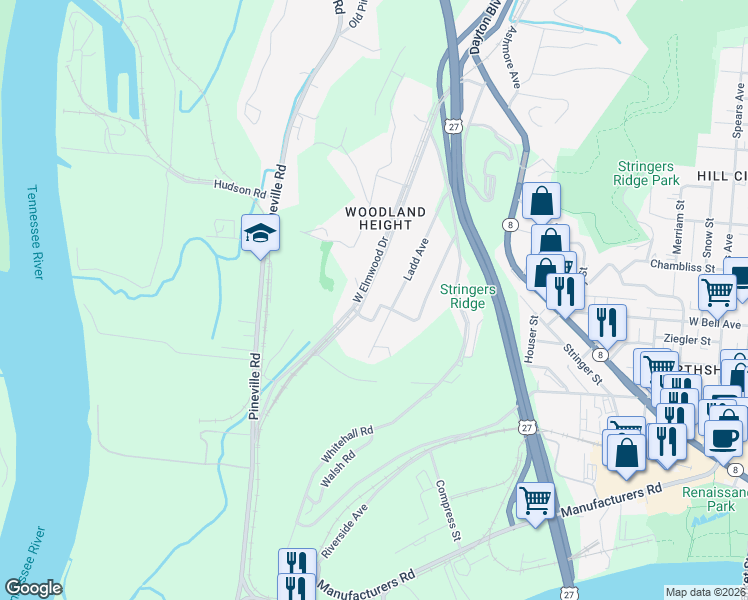 map of restaurants, bars, coffee shops, grocery stores, and more near 526 Ladd Avenue in Chattanooga