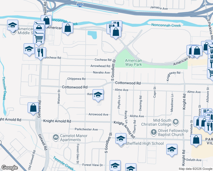 map of restaurants, bars, coffee shops, grocery stores, and more near 4229 Kenosha Road in Memphis